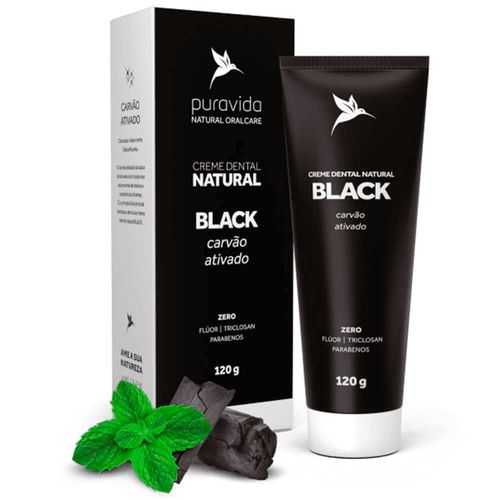 Creme Dental Puravida Natural Black Carvão Ativado 120g