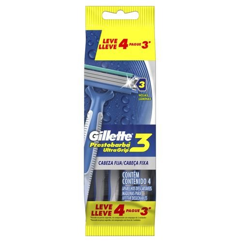 Aparelho de Barbear Descartável Gillette Prestobarba UltraGrip3 c/4 Unidades