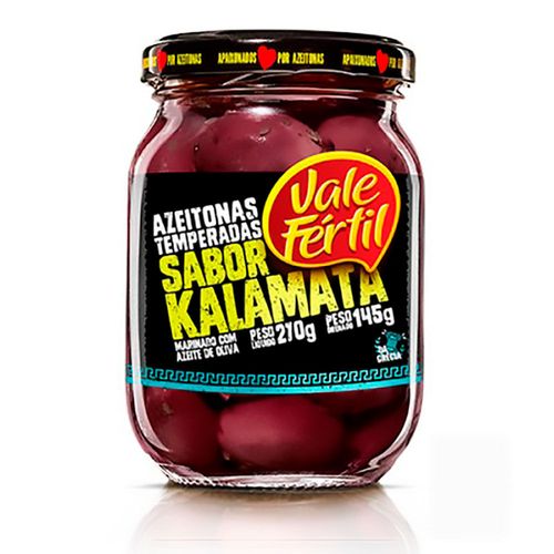 Azeitona Preta em Conserva Temperada Kalamata da Grécia Marinada com Azeite de Oliva Vale Fértil Vidro Peso Líquido 250g Peso Drenado 145g
