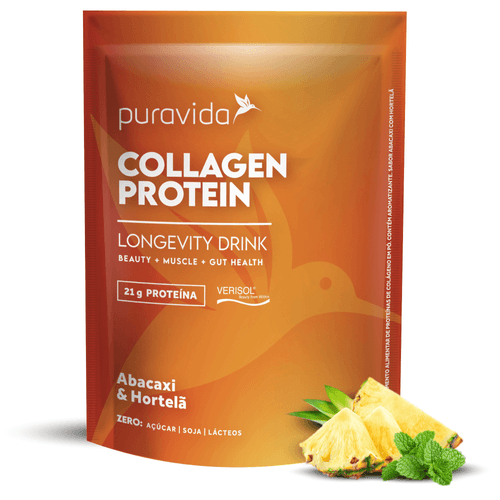 Collagen Protein Pura Vida Longevity Drink Abacaxi E Hortelã 21g Proteína Zero Açúcar, Zero Soja, Zero Lácteos 450g