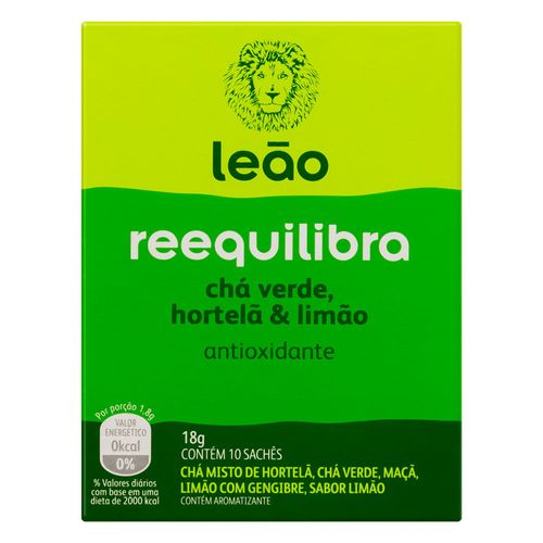 Chá Verde Hortelã e Limão Leão Reequilibra Caixa 18g 10 Unidades