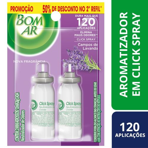 Aromatizador Bom Ar Click Spray Campos de Lavanda contém 2 refis 12ml
