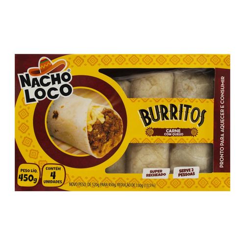 Burritos Carne Com Queijo Nacho Loco Caixa 450g 4 Unidades