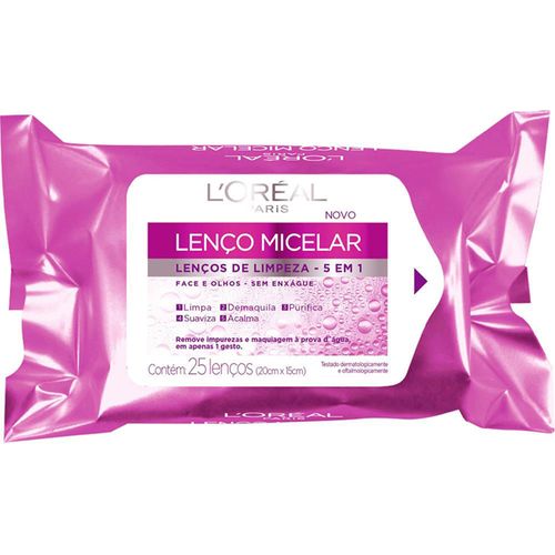 Lenço De Limpeza Micelar L Oréal 5 em 1 Com 25 Lenços