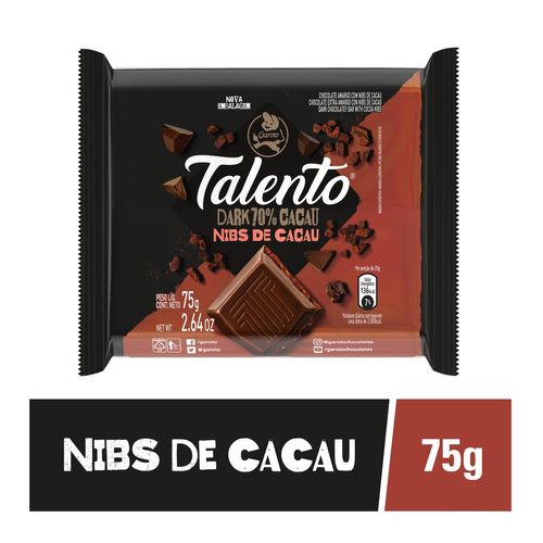 Chocolate GAROTO TALENTO Dark Nibs de Cacau 75g