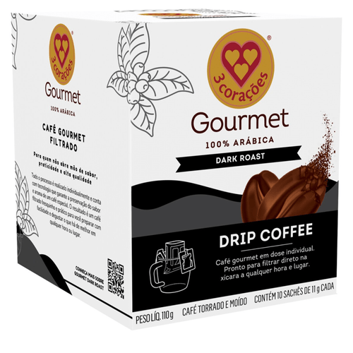 Café em Sachê Torrado e Moído Drip Coffee Filtrado 3 Corações Gourmet Dark Roast Caixa 110g 10 Unidades