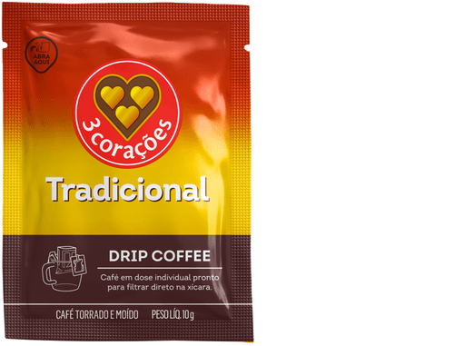 Café em Sachê Torrado e Moído Drip Coffee Filtrado Tradicional 3 Corações Caixa 100g 10 Unidades