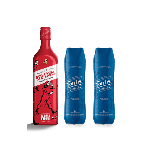 Kit 1 Whisky Escoces Jhonnie Walk Casa Papel Red Label 750ml + 2 Unidade de Água Tônica Antarctica Original Garrafa 1L
