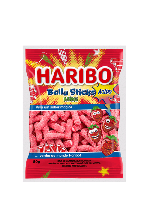 Bala de Gelatina Morango Ácido Haribo Balla Sticks Mini Pacote 80g