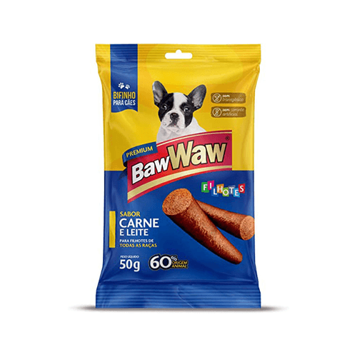 Bifinho Baw Waw para Cães Filhotes Sabor Carne e Leite 50g