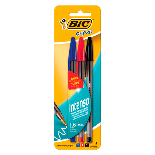 Kit Caneta Esferográfica Bic Cristal Com 3 Unidades Vermelho Azul e Preto