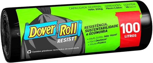 Sacos para Lixo em Rolo Preto Super Forte Reciclado Dover-Roll 100 Litros 12 unidades Embalagem Promocional