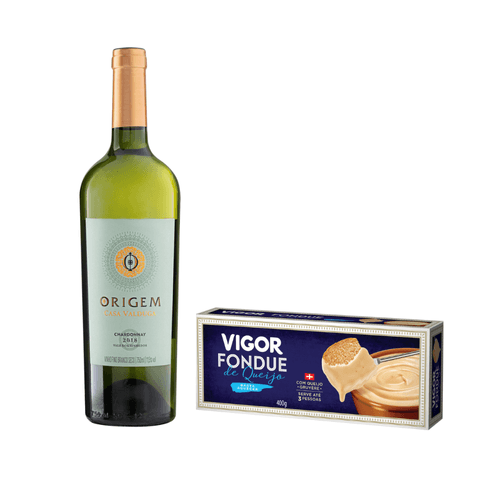 Kit Vinho Brasileiro Branco Seco Origem Chardonnay Vale Dos Vinhedos Garrafa 750ml + Fondue de Queijo Gruyère Vigor Caixa 400g