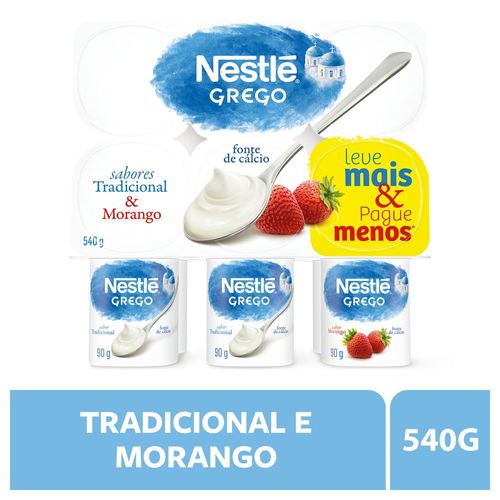 Iogurte Grego Tradicional + Morango Nestlé Bandeja 540g 6 Unidades de 90g Cada Leve Mais Pague Menos