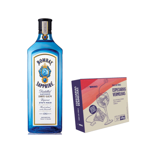 Kit Gin London Dry Bombay Sapphire Garrafa 750ml+ Especiarias para Drinks Sabor Frutas Vermelhas Easy Drinks 16g