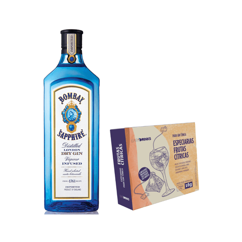 Kit Gin London Dry Bombay Sapphire Garrafa 750ml+Especiarias para Drinks Sabor Frutas Cítricas Easy Drinks 16g