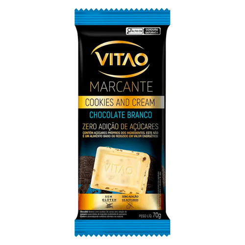 Chocolate Branco com Cookies and Cream Cacau sem Adição de Açúcar para Dietas de Ingestão Controlada de Açúcares Vitao Marcante Pacote 70g