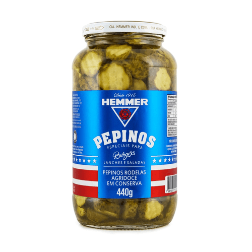 Pepino em Conserva em Rodelas Agridoce Hemmer Burgers Vidro Peso Líquido 800g Peso Drenado 440g