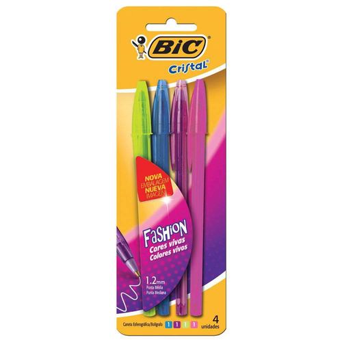Caneta Esferográfica 1,2mm Ponta Média Fashion Bic Cristal 4 Unidades