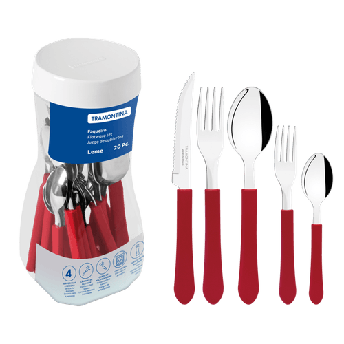 Faqueiro Tramontina Leme Inox Vermelho 20 Peças Grátis Pote Multiuso