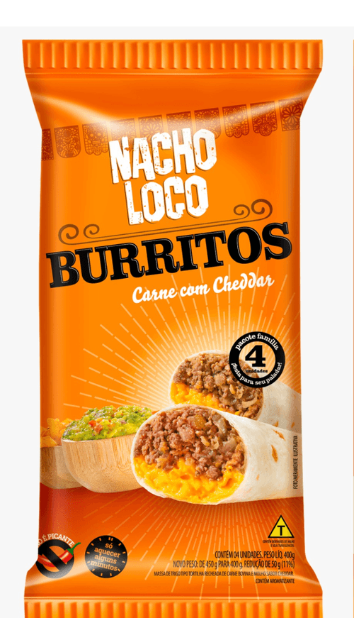 Massa de Trigo Tipo Tortilha Burrito Recheio de Carne Bovina com Molho Cheddar Nacho Loco Pacote 400g 4 Unidades