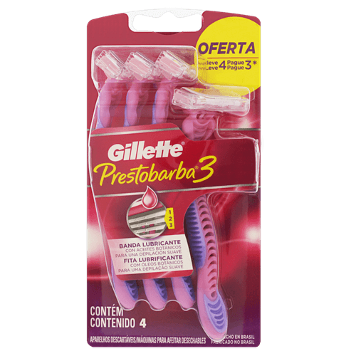 Aparelho de Depilar Descartável Feminino Gillette Prestobarba3 - 4 unidades