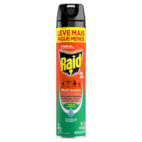 Inseticida Aerossol Multi-Insetos Base Água com Óleo de Eucalipto Raid Frasco 420ml Spray Leve Mais Pague Menos