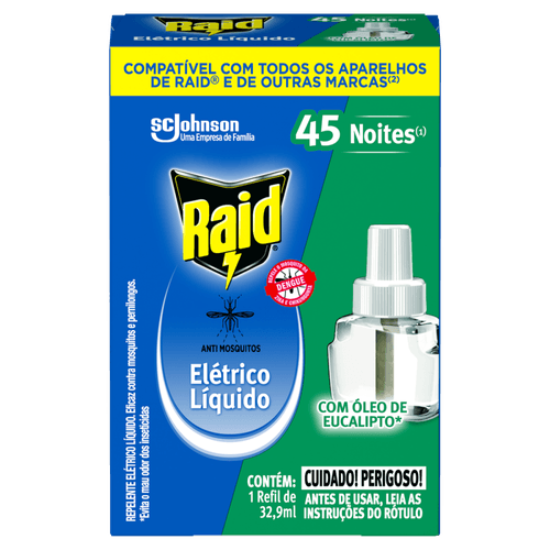 Repelente Raid Elétrico Líquido Eucalipto 45 Noites Refil 32,9 ml