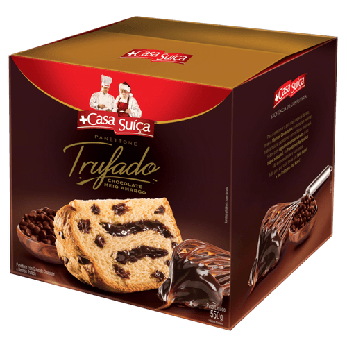 Panettone com Gotas de Chocolate Recheio Trufado Chocolate Meio Amargo Casa Suíça Caixa 550g