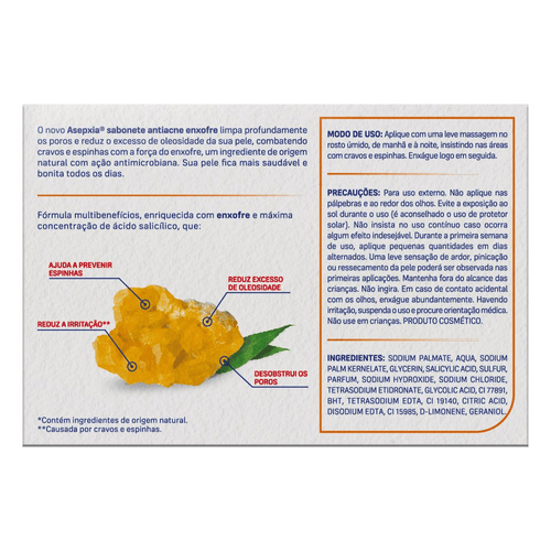 Asepxia Sabonete Barra ENXOFRE Ação ANTIOLEOSIDADE, com ÁCIDO SALICÍLICO 2 %, Pele Muito Oleosa,  80g