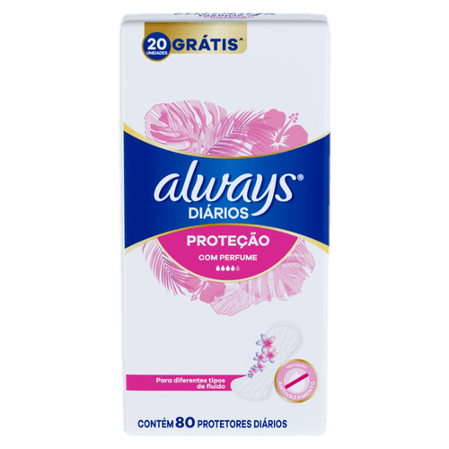 Protetor Diário sem Abas com Perfume Always Pacote 80 Unidades Grátis 20 Unidades