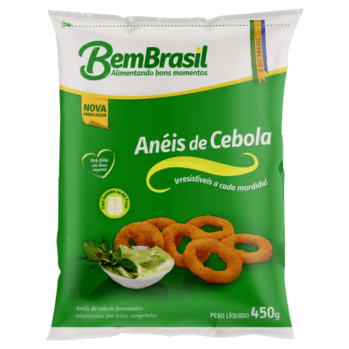 Anéis de Cebola Formatados Empanados Pré-Fritos Congelados Bem Brasil Pacote 450g