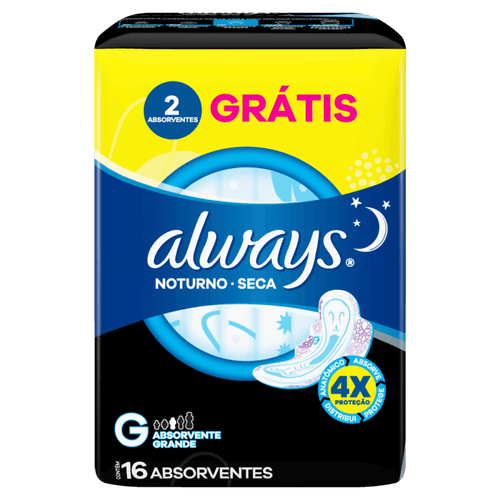 Absorvente com Abas Seca Always Noturno G Pacote 16 Unidades Grátis 2 Absorventes