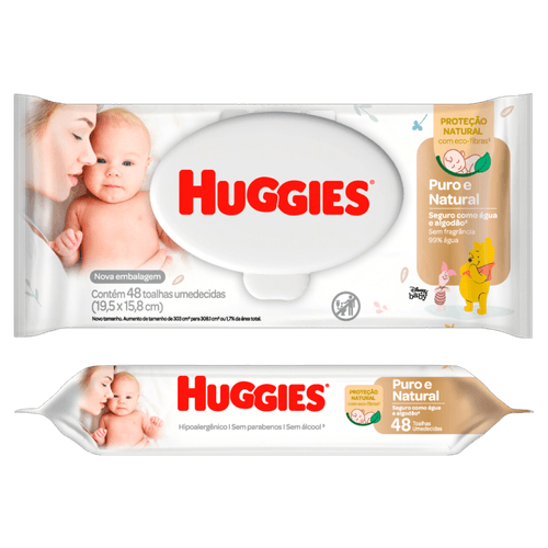 Toalha Umedecida Infantil sem Perfume Disney Baby Huggies Puro e Natural Pacote 48 Unidades