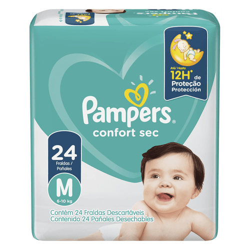 Fralda Descartável Infantil Pampers Confort Sec M 6 a 10kg Pacote 24 Unidades