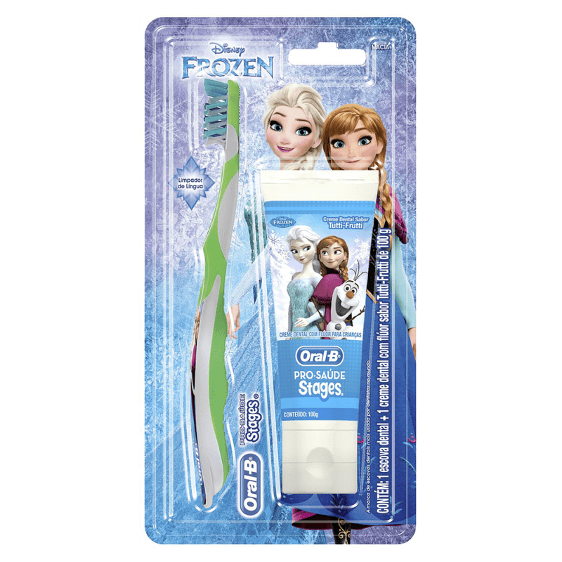 Kit-Escova-Macia---Creme-Dental-Infantil-com-Fluor-Tutti-Frutti-Frozen-Oral-B-Pro-Saude-Stages-100g