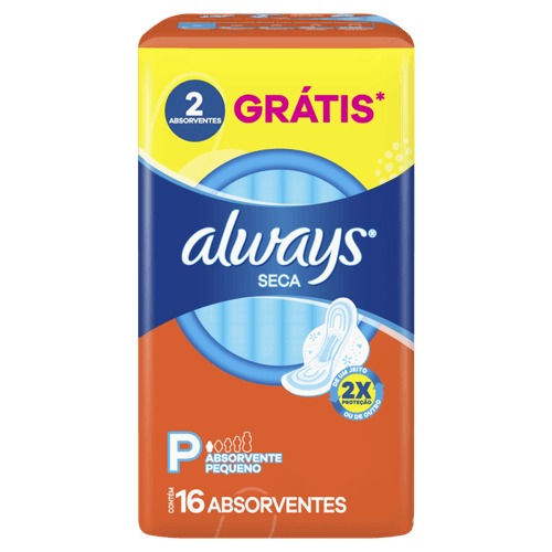 Absorvente com Abas Seca Always Pequeno Pacote 16 Unidades Grátis 2 Absorventes