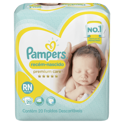 Fralda Descartável Recém-Nascido Pampers Premium Care RN até 4kg Pacote 20 Unidades