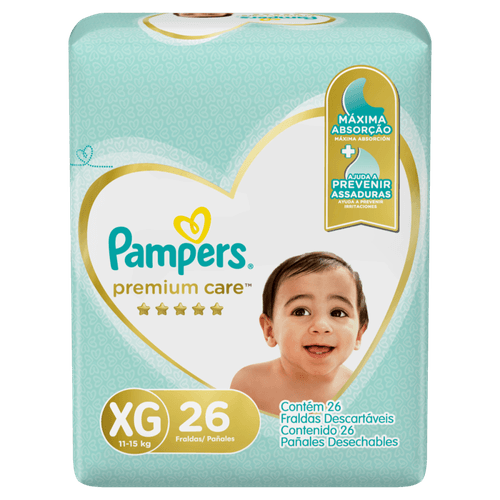 Fralda Descartável Infantil Pampers Premium Care XG 11 a 15kg Pacote 26 Unidades