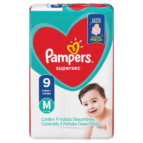 Fralda Descartável Infantil Pampers Supersec M 6 a 10kg Pacote 9 Unidades