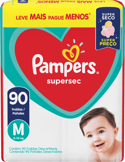 Fralda Descartável Infantil Pampers Supersec M 6 a 10kg Pacote 90 Unidades Leve Mais Pague Menos