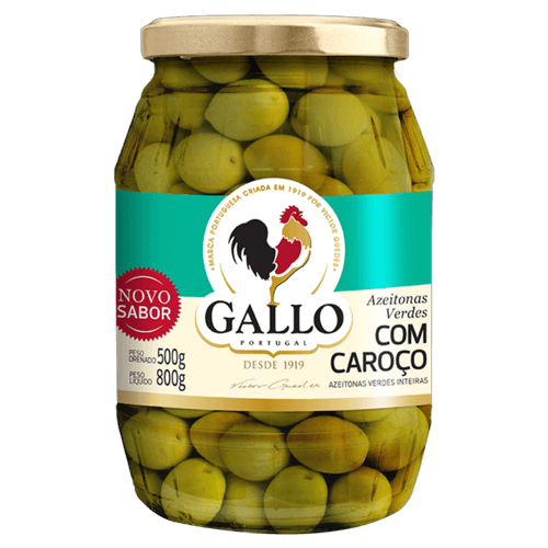 Azeitona Verde Inteira em Conserva com Caroço Gallo Vidro Peso Líquido 800g Peso Drenado 500g