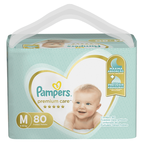 Fralda Descartável Infantil Pampers Premium Care M 6 a 10kg Pacote 80 Unidades