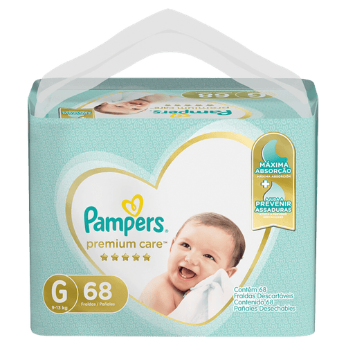 Fralda Descartável Infantil Pampers Premium Care G 9 a 13kg Pacote 68 Unidades