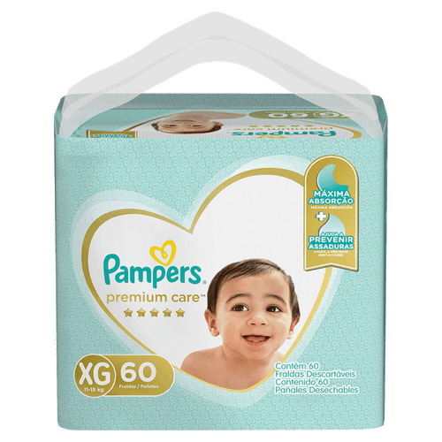 Fralda Descartável Infantil Pampers Premium Care XG 11 a 15kg Pacote 60 Unidades