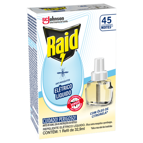 Repelente Líquido Elétrico 45 Noites Óleo de Citronela Raid Caixa 32,9ml Refil