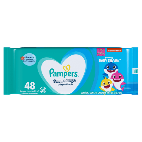 Lenço Umedecido Baby Shark Pampers Sempre Limpo Pacote 48 Unidades