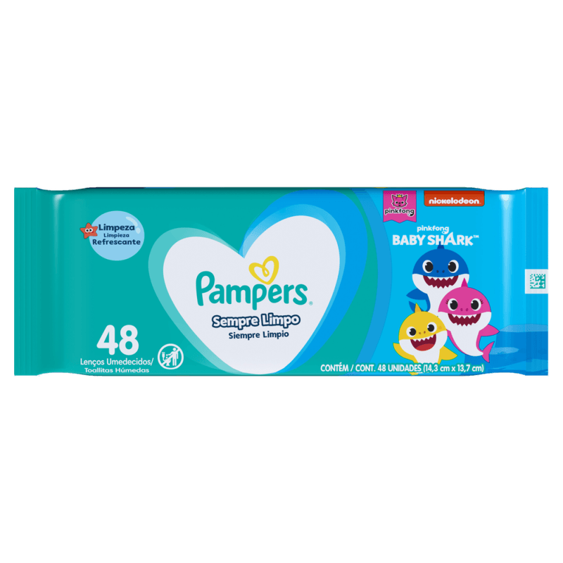 Lenco-Umedecido-Baby-Shark-Pampers-Sempre-Limpo-Pacote-48-Unidades