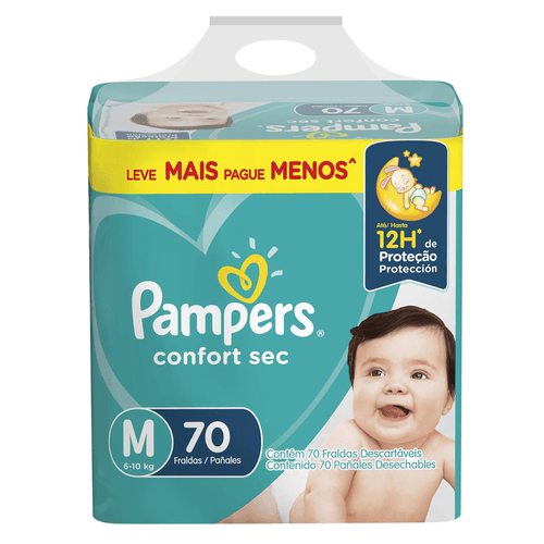 Fralda Descartável Infantil Pampers Confort Sec M 6 a 10kg Pacote 70 Unidades