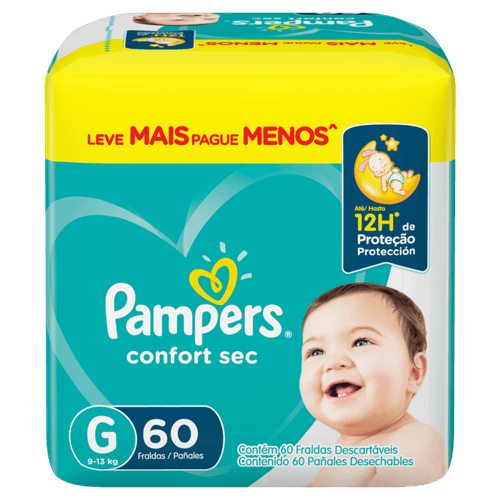 Fralda Descartável Infantil Pampers Confort Sec G 9 a 13kg Pacote 60 Unidades Leve Mais Pague Menos